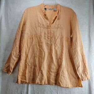 Edward Loose Tunic Orange 100% Irish Linen Embroidery Long Sleeve Sz L Pullover